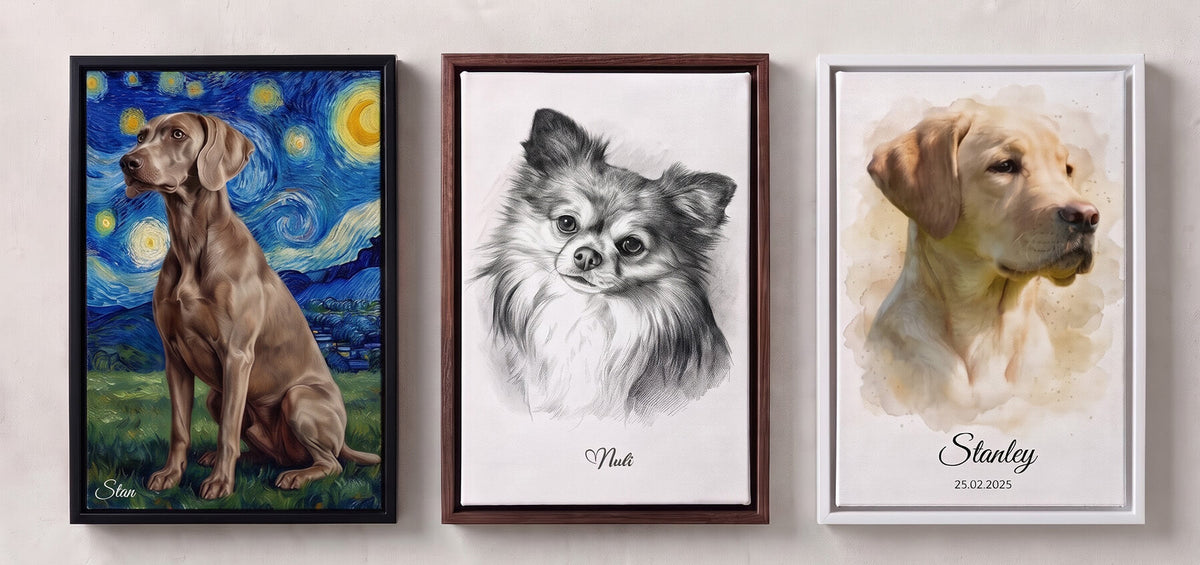 Ritratto cane personalizzato dalla tua foto - esempi su tela, poster e con cornice