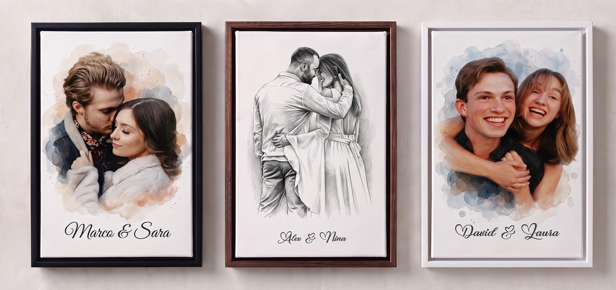 Ritratti di coppia e di famiglia personalizzati dalla foto - esempi su tela, poster e con cornice
