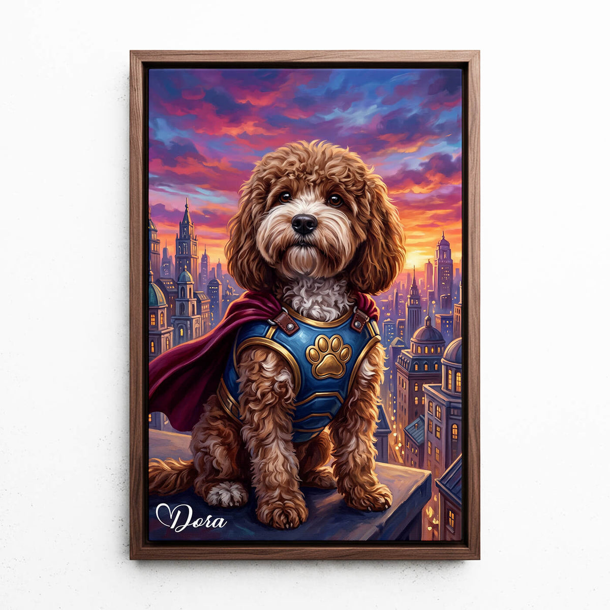 Ritratto di cane come supereroe dalla tua foto - tela con cornice noce