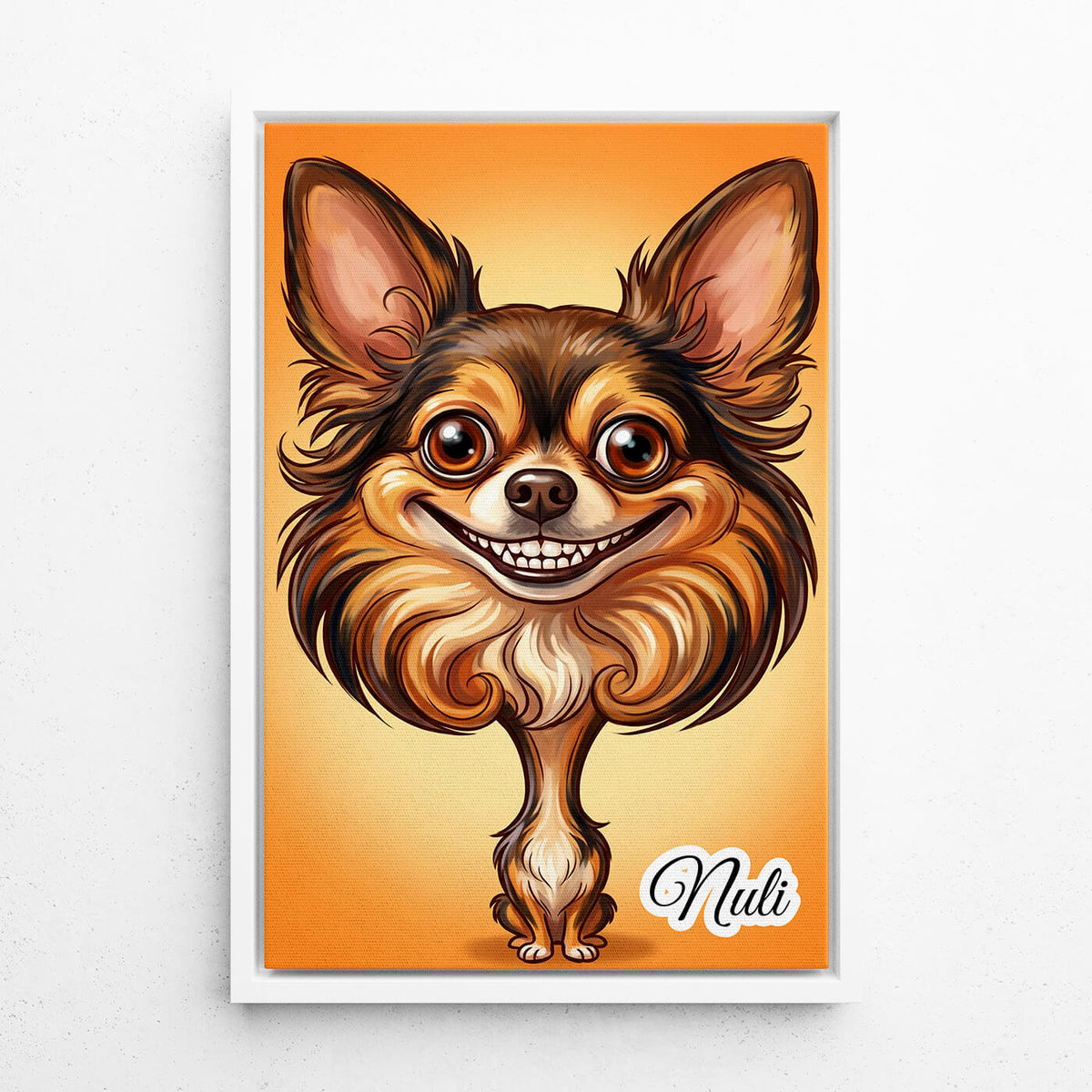 Ritratto di cane in stile caricatura dalla tua foto - tela con cornice bianca