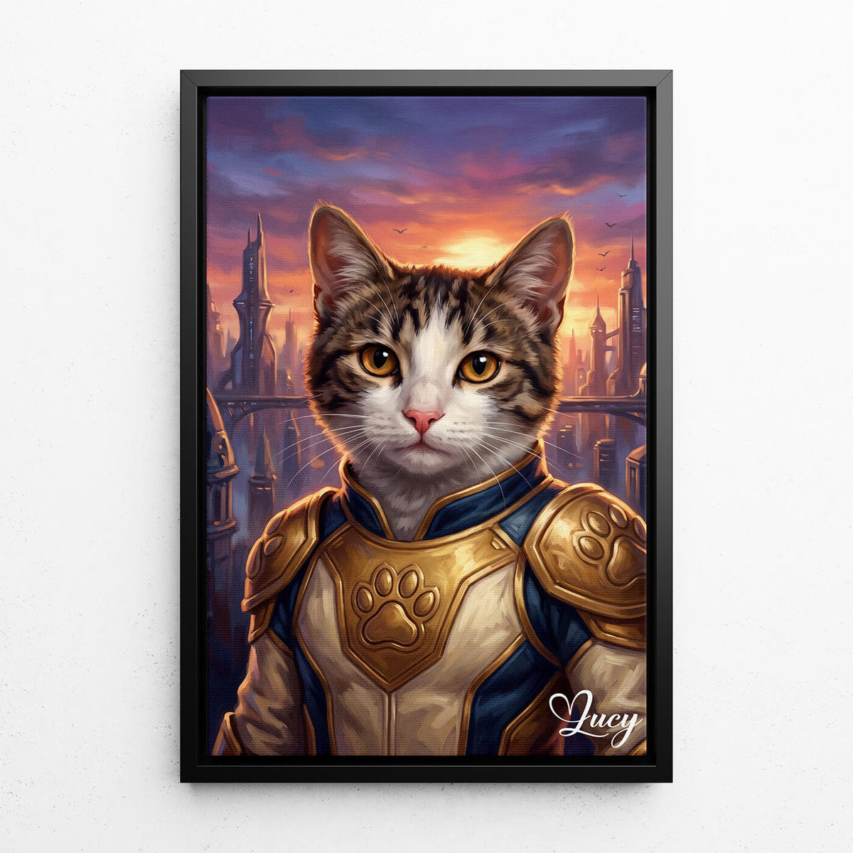 Ritratto di gatto come supereroe dalla tua foto - tela con cornice nera