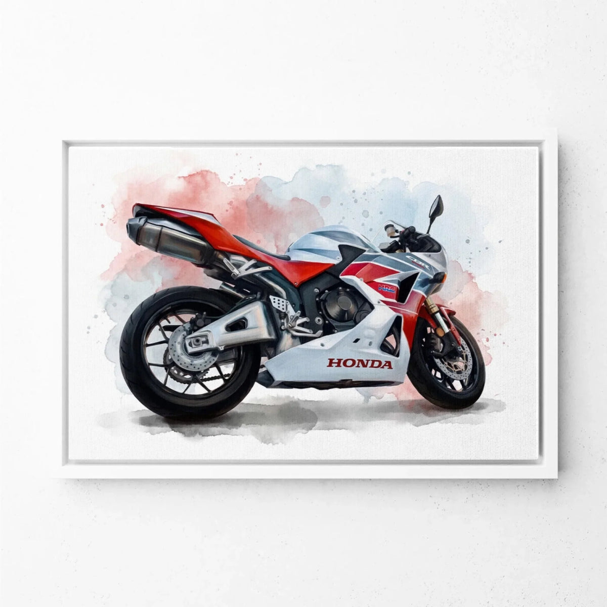 Ritratto di moto in stile acquerello (formato orizzontale) dalla tua foto - tela con cornice bianca