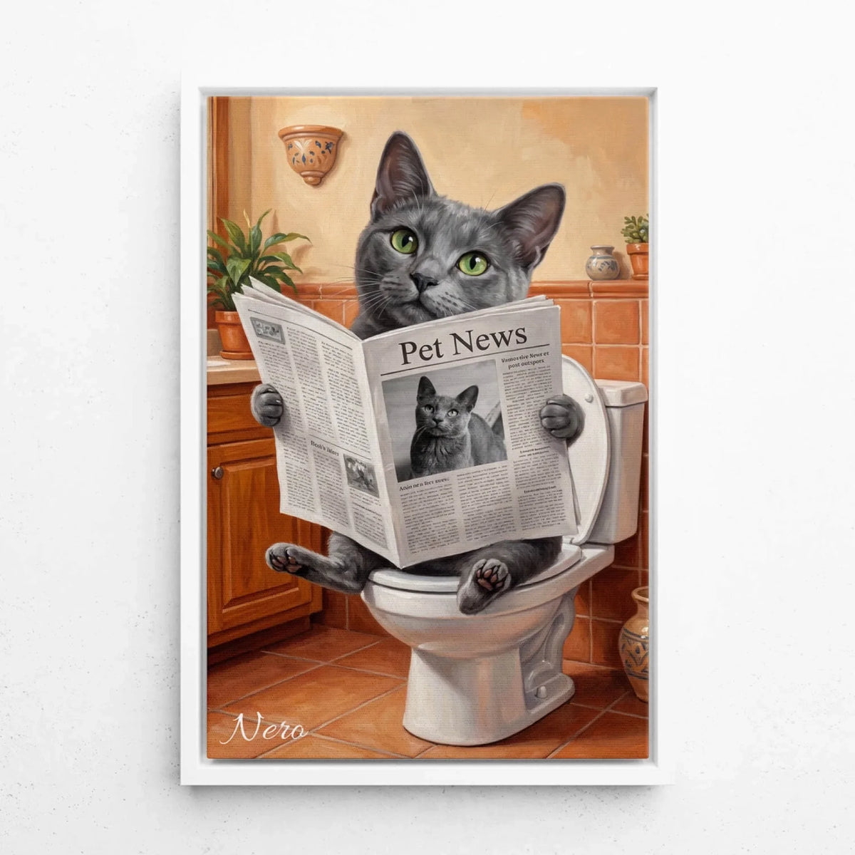 Divertente ritratto di gatto sul WC dalla tua foto - tela con cornice bianca