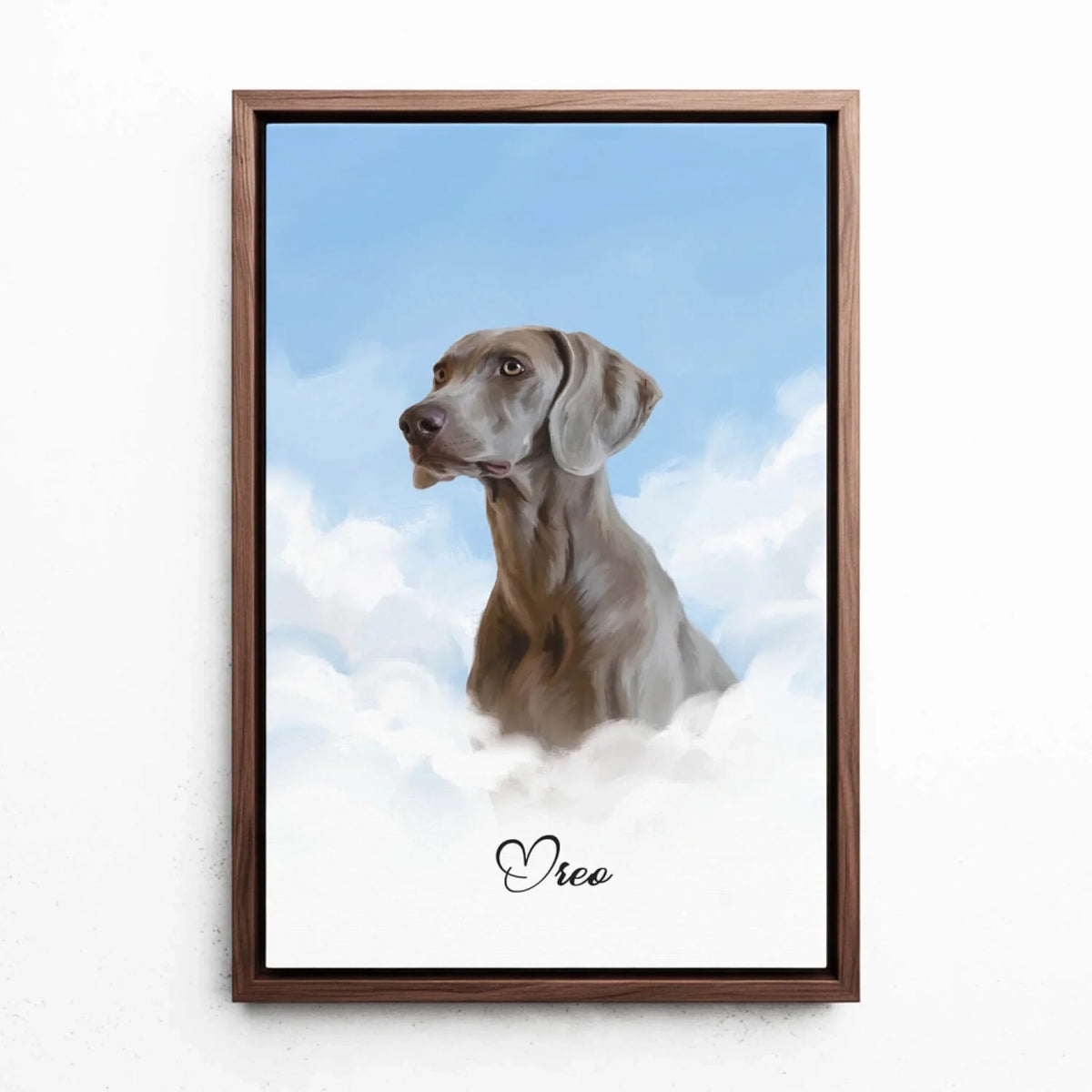 Ritratto di cane personalizzato sulle nuvole dalla tua foto - tela con cornice noce