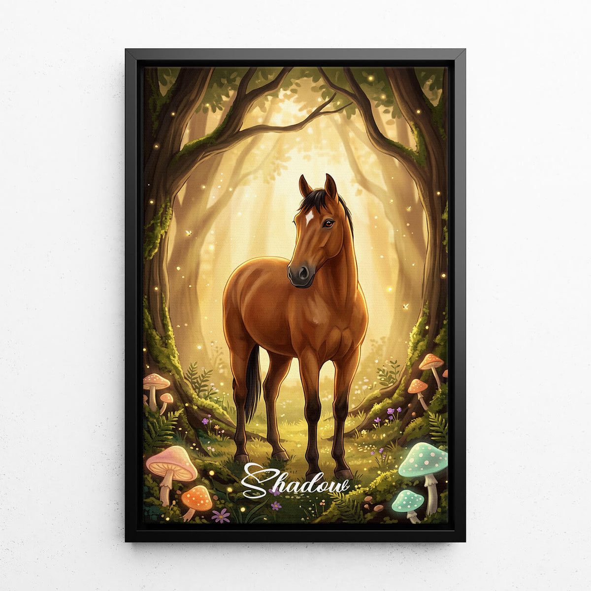 Ritratto di cavallo in stile fantasy / cartone animato dalla tua foto - tela con cornice nera