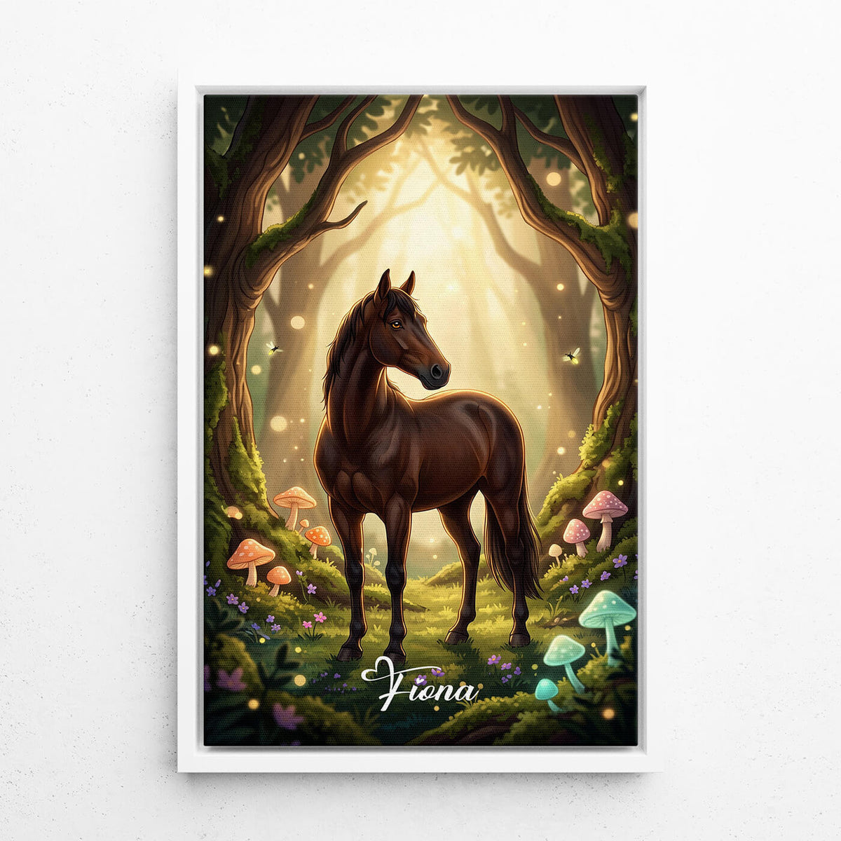 Ritratto di cavallo in stile fantasy / cartone animato dalla tua foto - tela con cornice bianca