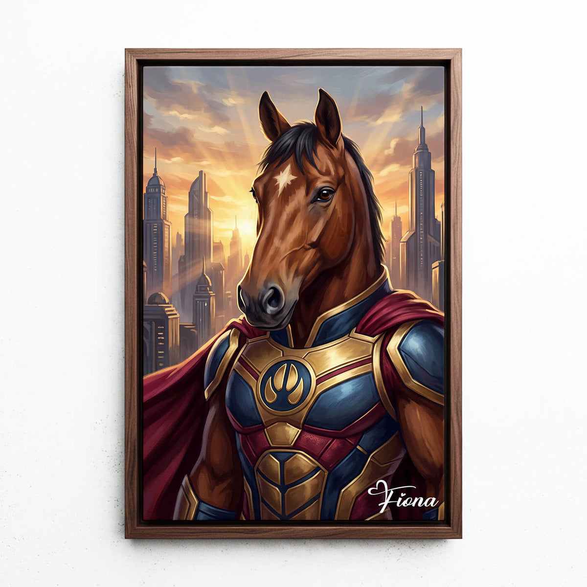 Ritratto di cavallo come supereroe dalla tua foto - tela con cornice noce