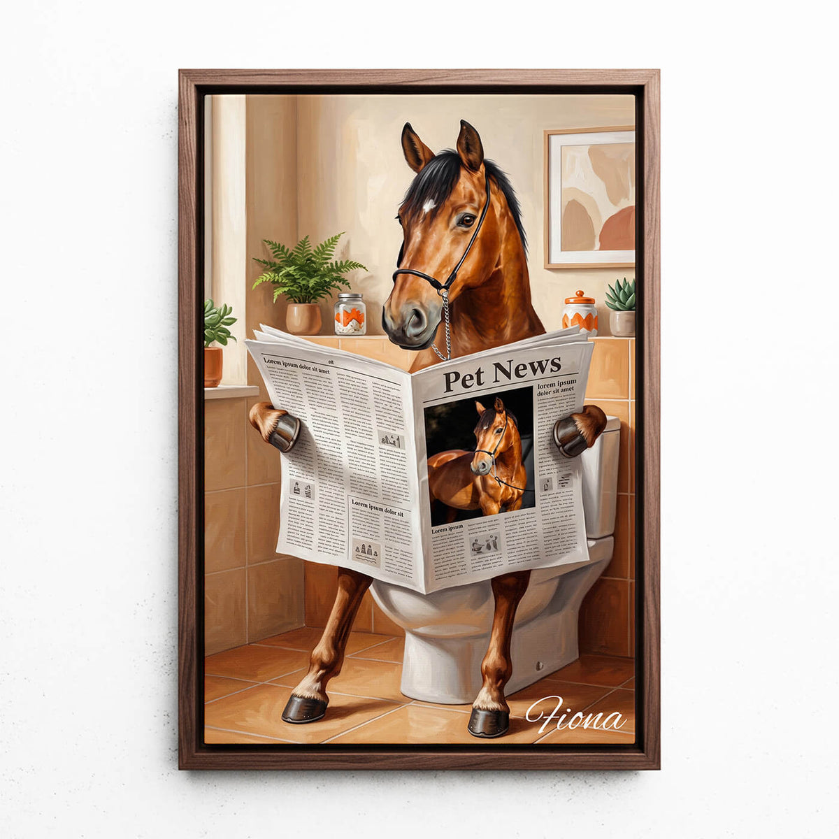 Divertente ritratto di cavallo sul WC dalla tua foto - tela con cornice noce
