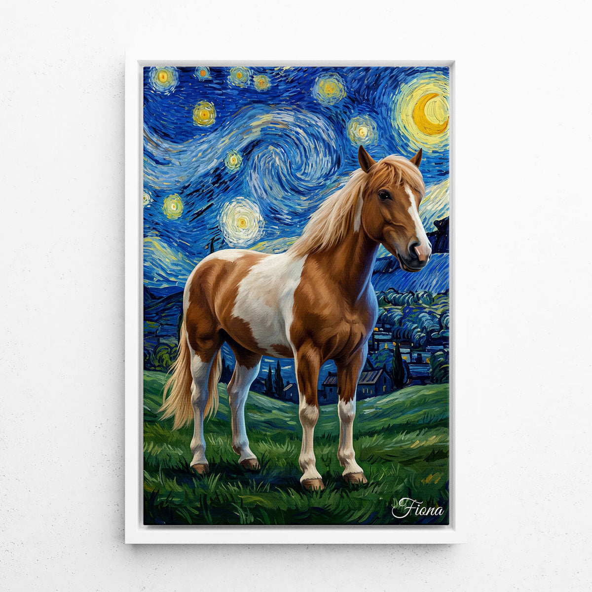 Ritratto di cavallo in stile Van Gogh dalla tua foto - tela con cornice bianca