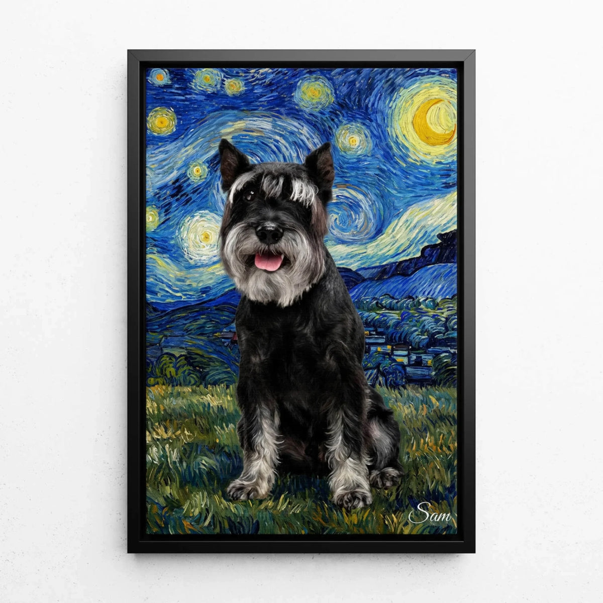 Ritratto di cane in stile Van Gogh dalla tua foto - tela con cornice nera