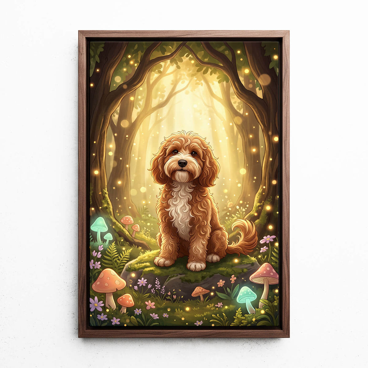 Ritratto di cane in stile fantasy / cartone animato dalla tua foto - tela con cornice noce