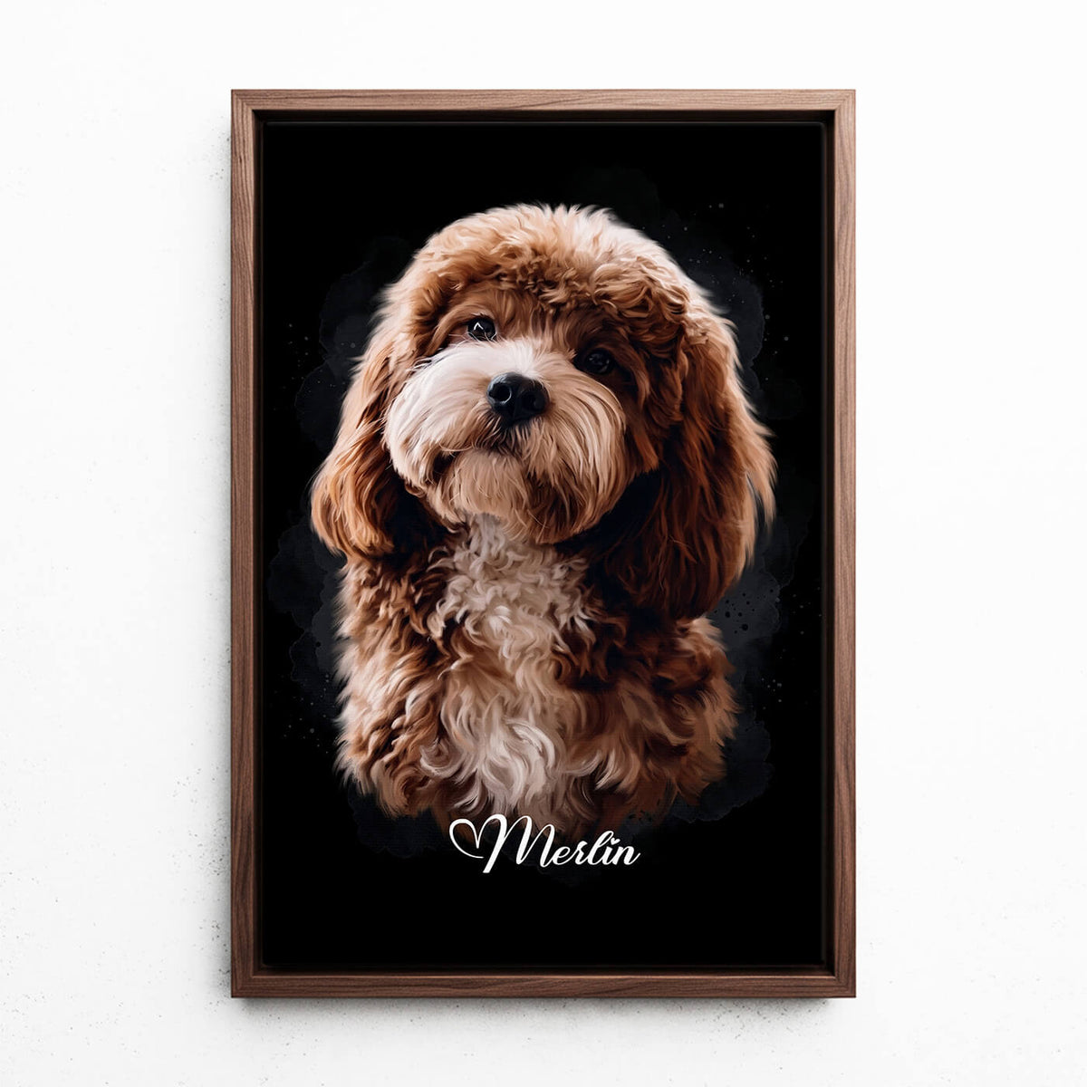 Ritratto di cane in stile acquerello - Nero dalla tua foto - tela con cornice noce