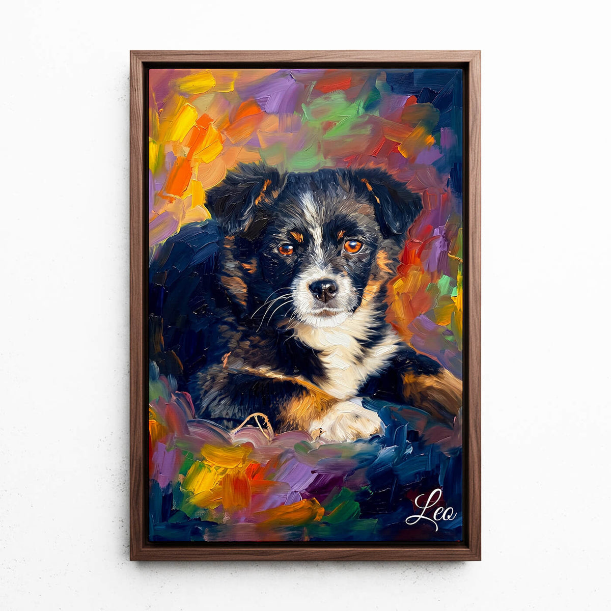 Ritratto di cane in stile pop art dalla tua foto - tela con cornice noce