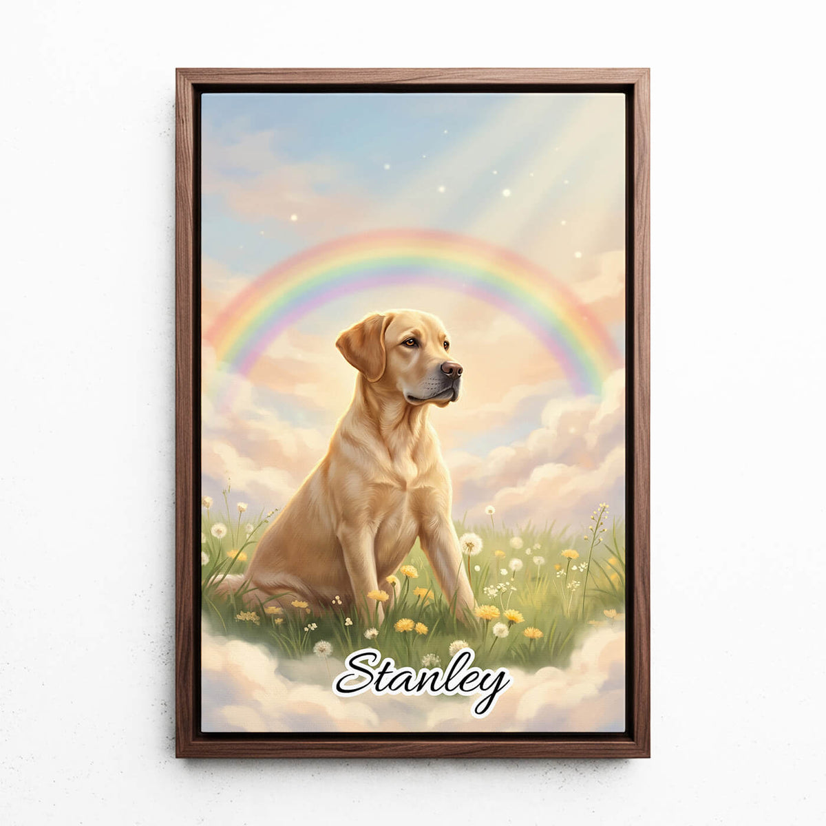 Ritratto di cane al Ponte dell’Arcobaleno dalla tua foto - tela con cornice noce