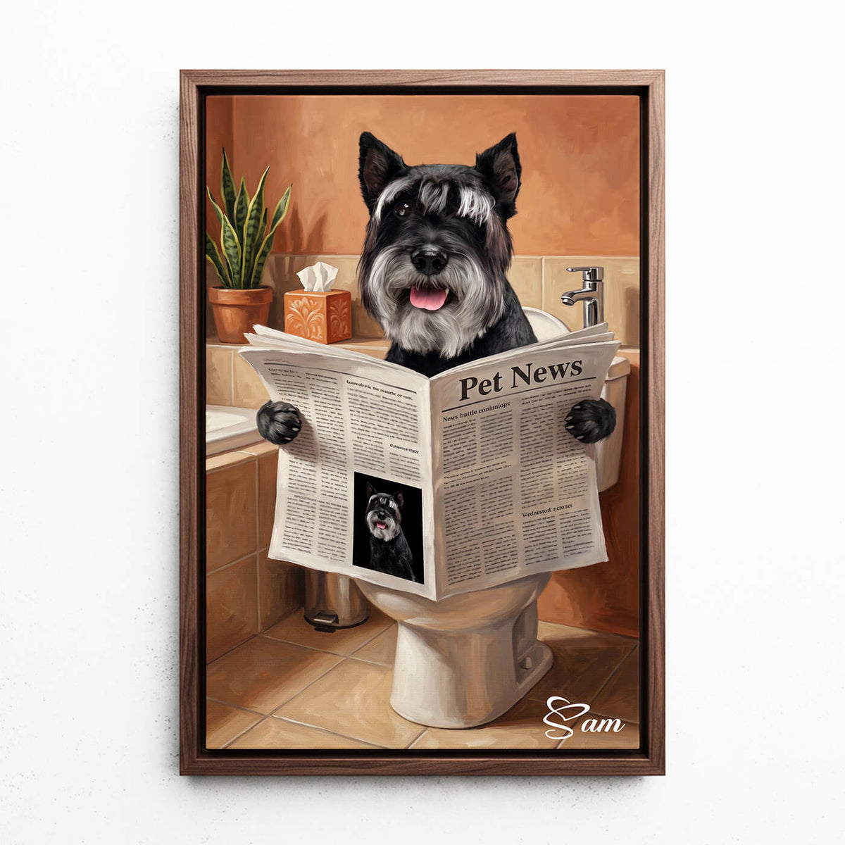 Divertente ritratto di cane sul WC dalla tua foto - tela con cornice noce