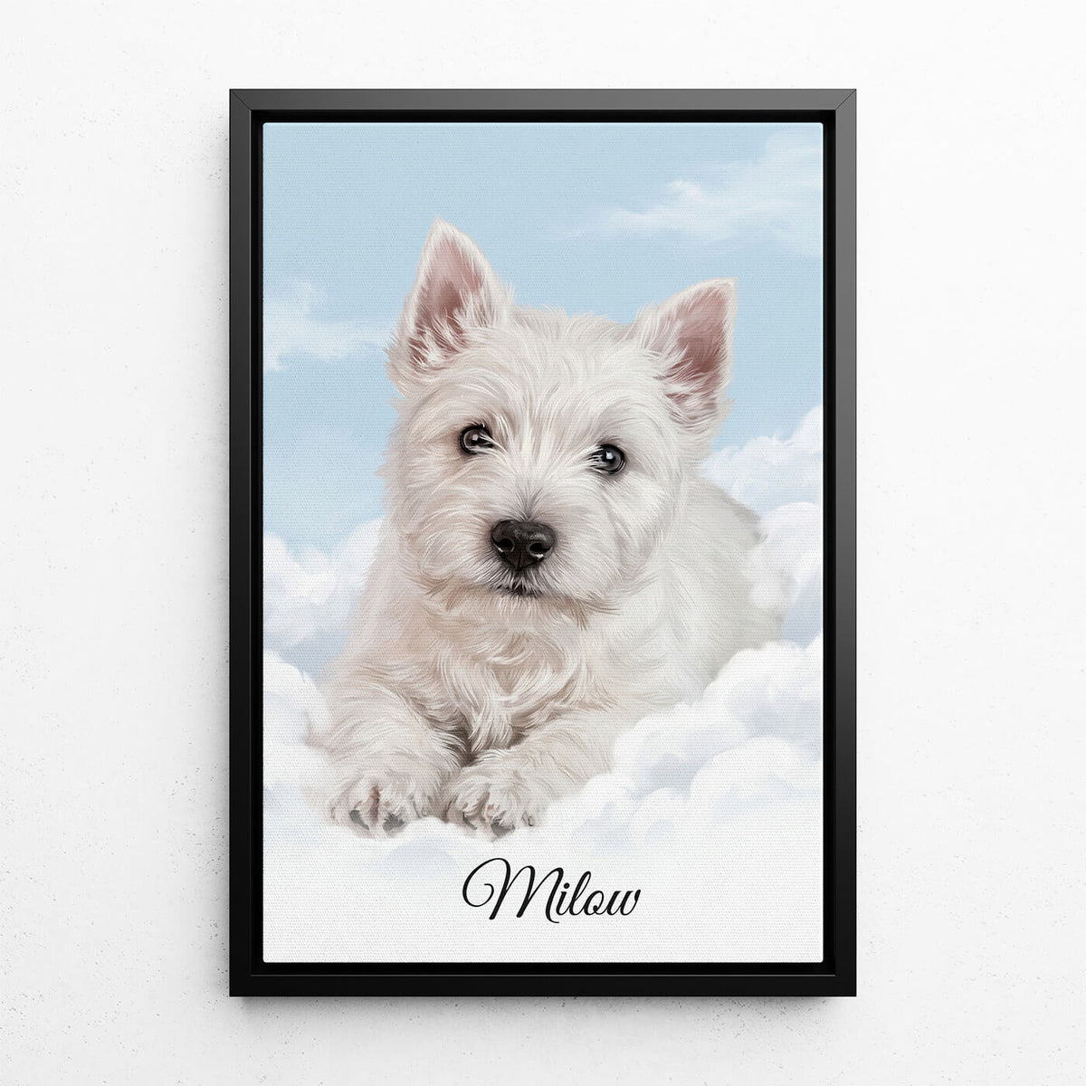Ritratto di cane personalizzato sulle nuvole dalla tua foto - tela con cornice nera