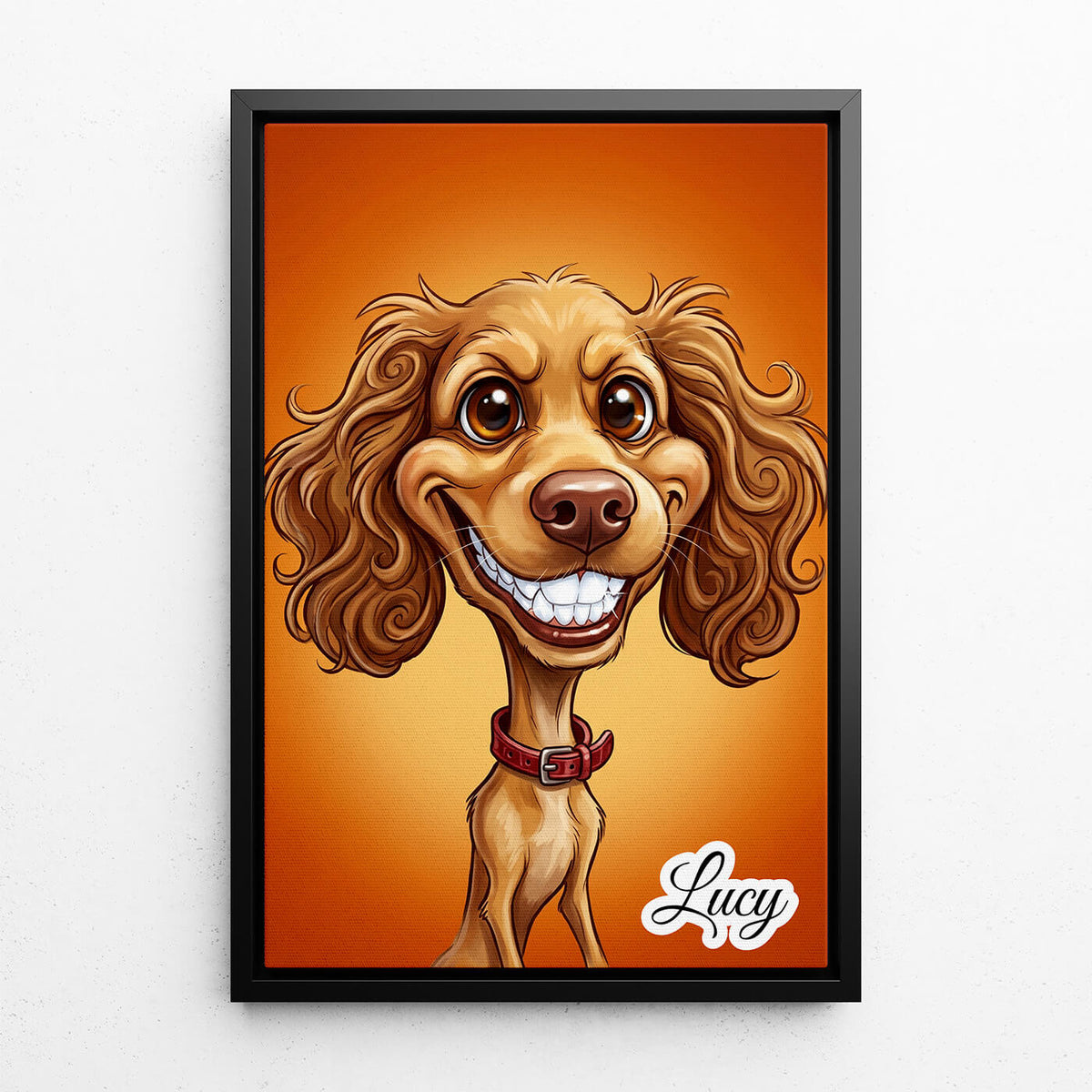 Ritratto di cane in stile caricatura dalla tua foto - tela con cornice nera