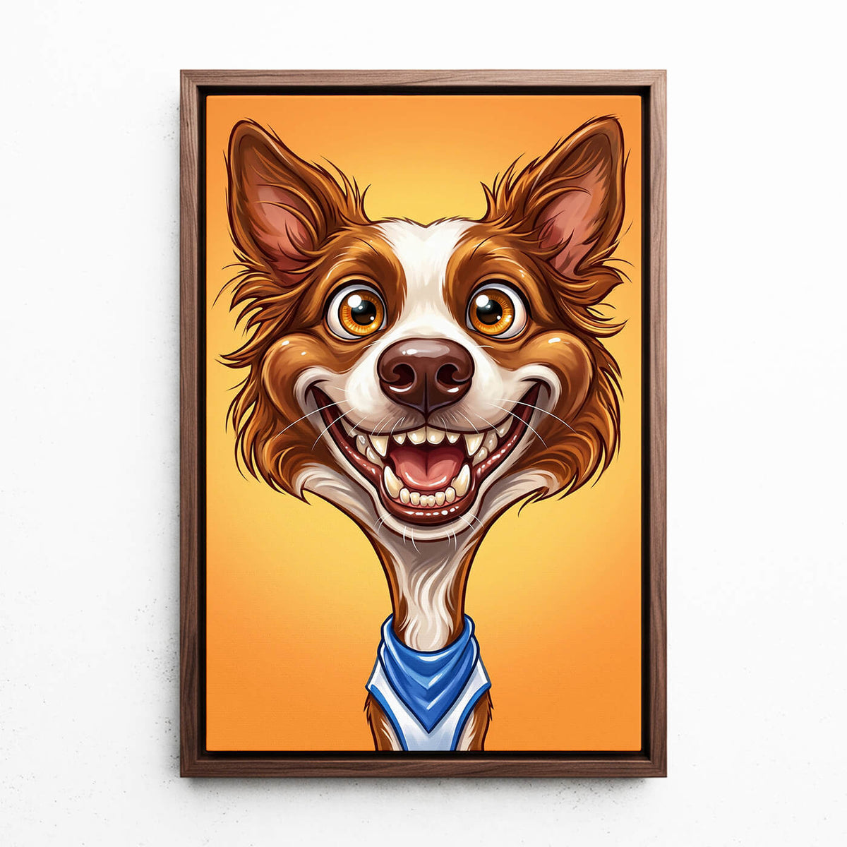 Ritratto di cane in stile caricatura dalla tua foto - tela con cornice noce