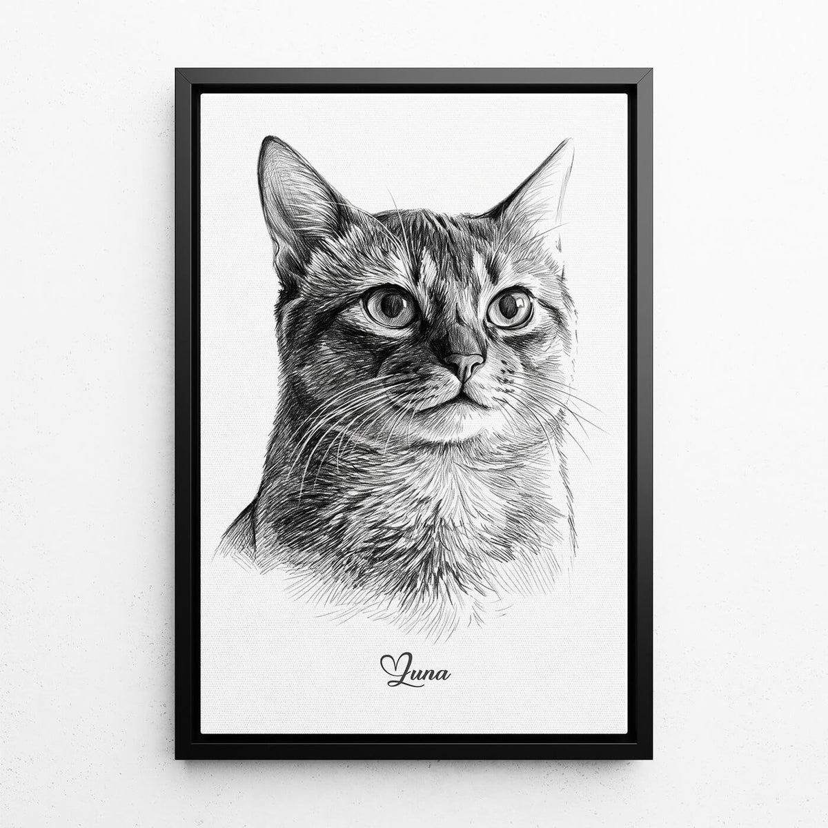 Ritratto di gatto in stile matita dalla tua foto - tela con cornice nera