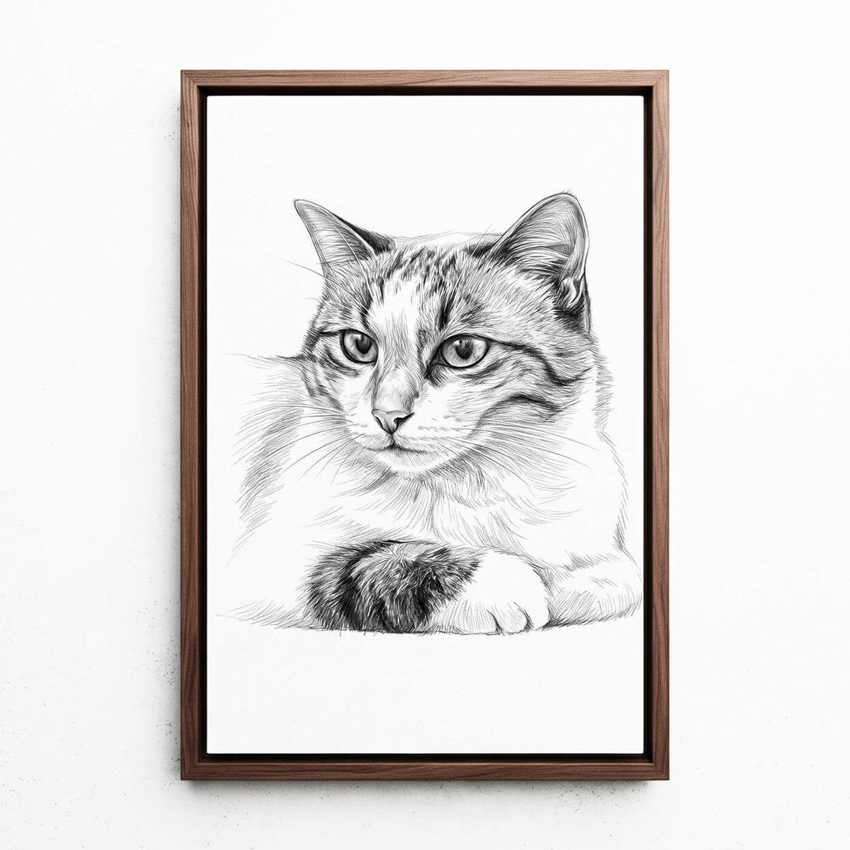 Ritratto di gatto in stile matita dalla tua foto - tela con cornice noce