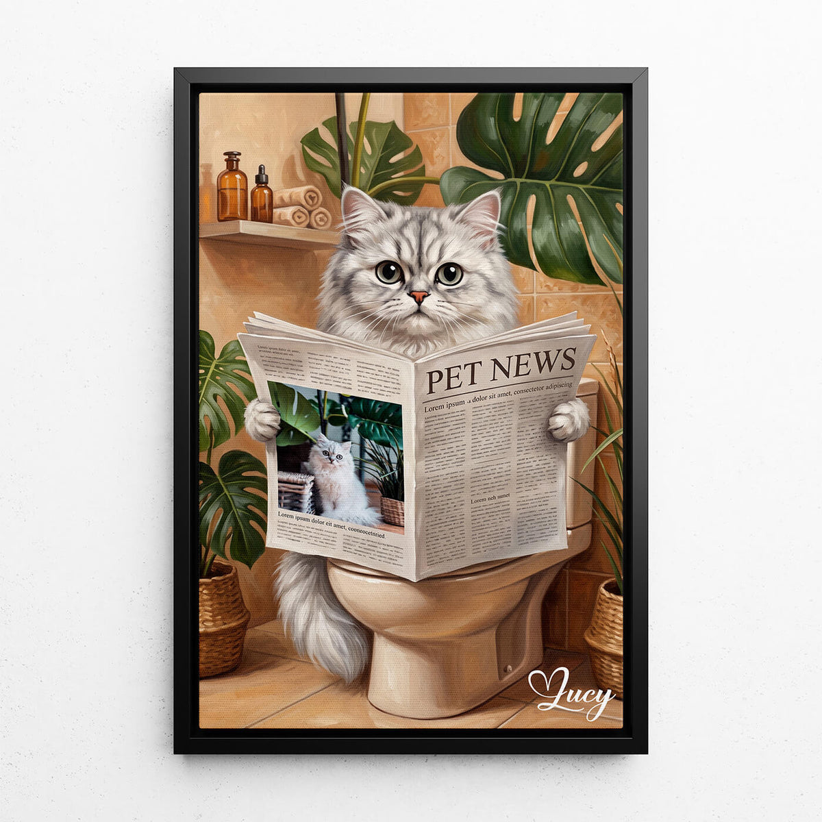 Divertente ritratto di gatto sul WC dalla tua foto - tela con cornice nera