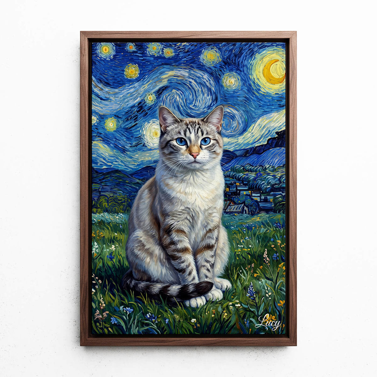 Ritratto di gatto in stile Van Gogh dalla tua foto - tela con cornice noce