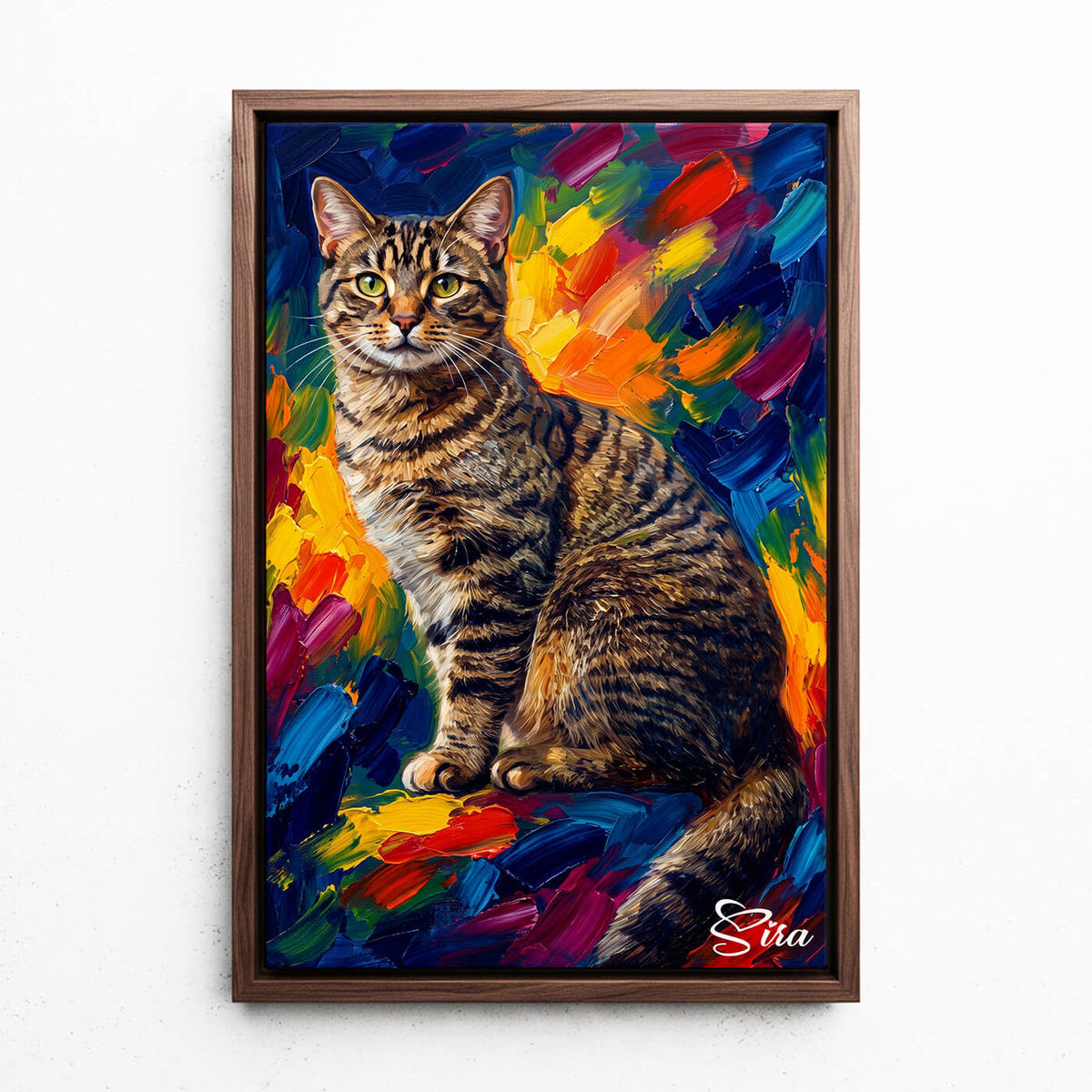 Ritratto di gatto in stile pop art dalla tua foto - tela con cornice noce