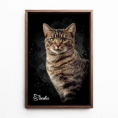 Ritratto di gatto in stile acquerello scuro dalla tua foto - tela con cornice noce