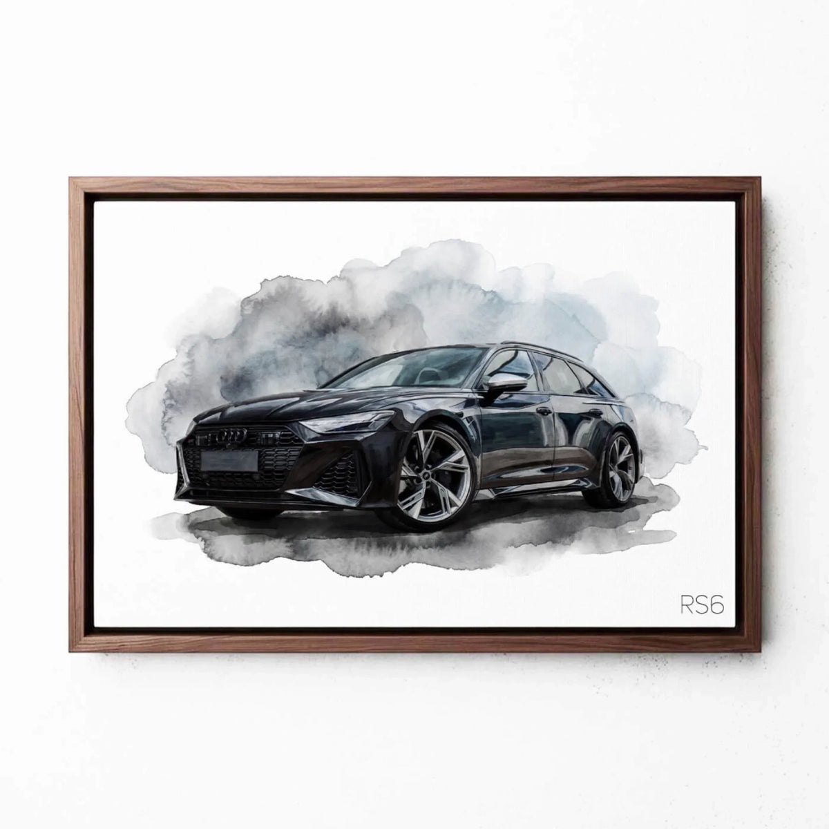 Ritratto di auto in stile acquerello (formato orizzontale) dalla tua foto - tela con cornice noce