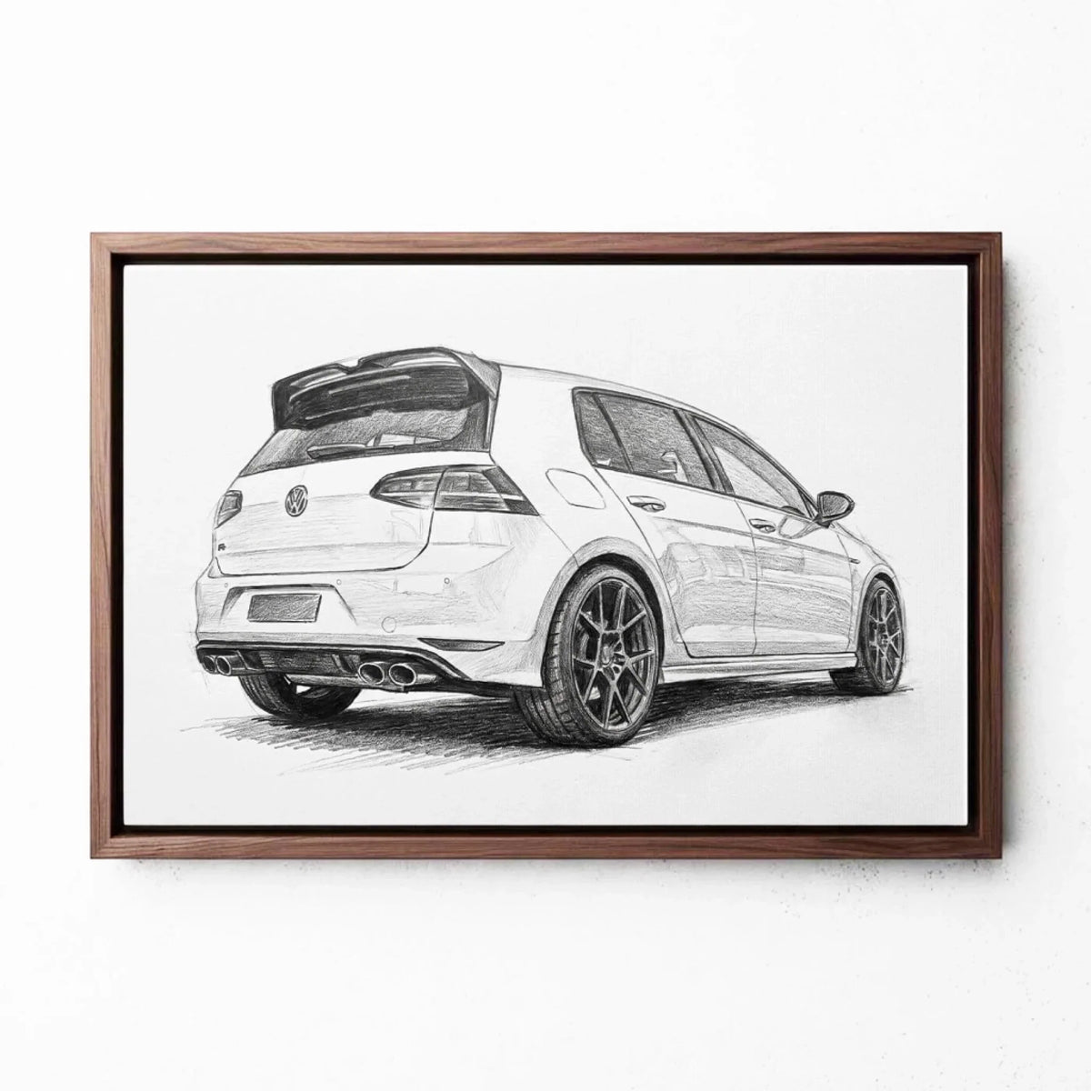 Ritratto di auto in stile matita (formato orizzontale) dalla tua foto - tela con cornice noce