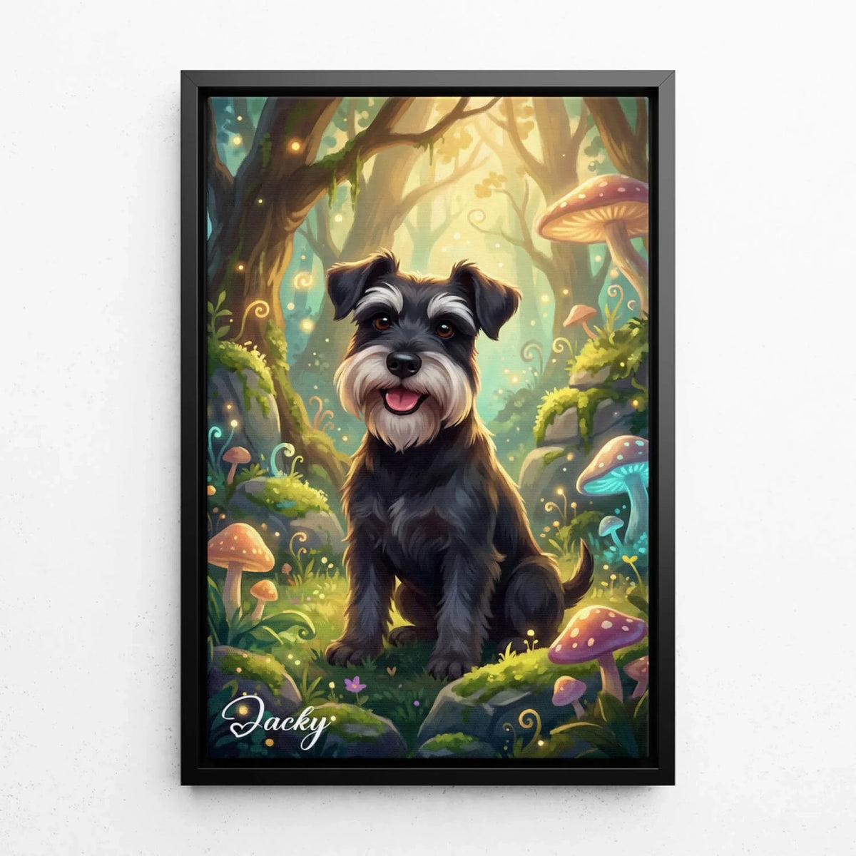 Ritratto di cane in stile fantasy / cartone animato dalla tua foto - tela con cornice nera