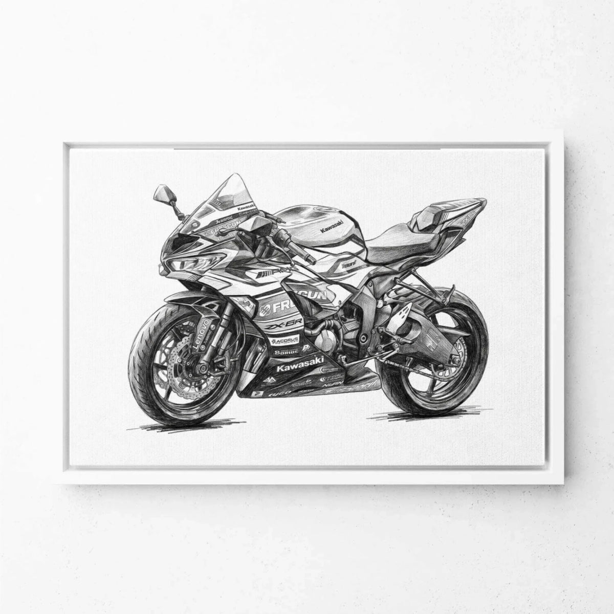 Ritratto di moto in stile matita (formato orizzontale) dalla tua foto - tela con cornice bianca