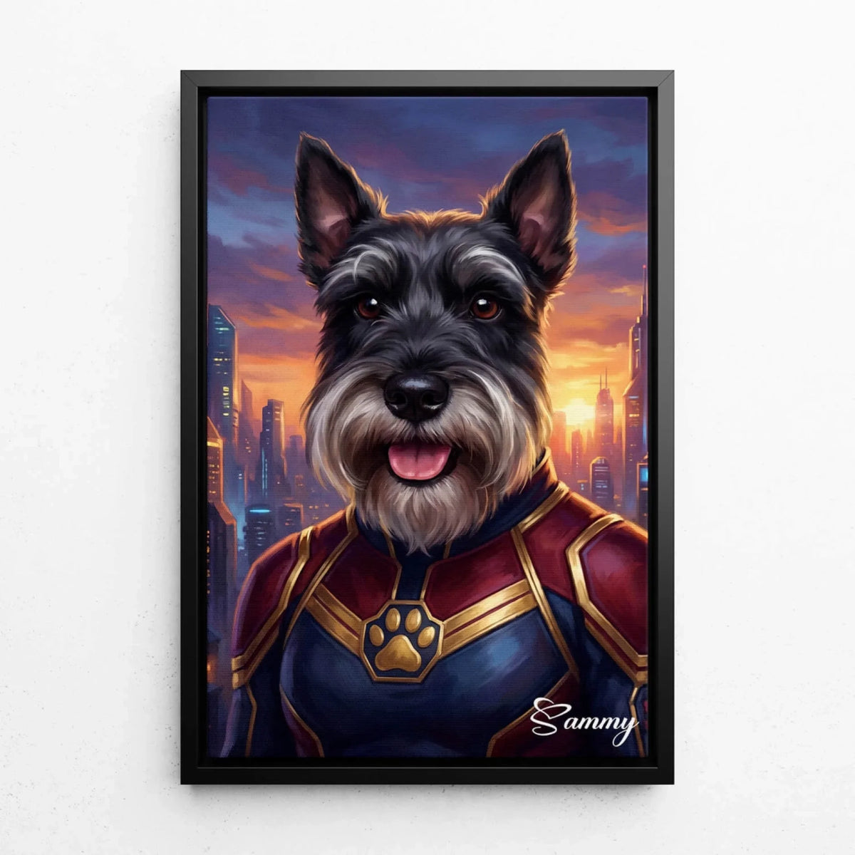 Ritratto di cane come supereroe dalla tua foto - tela con cornice nera