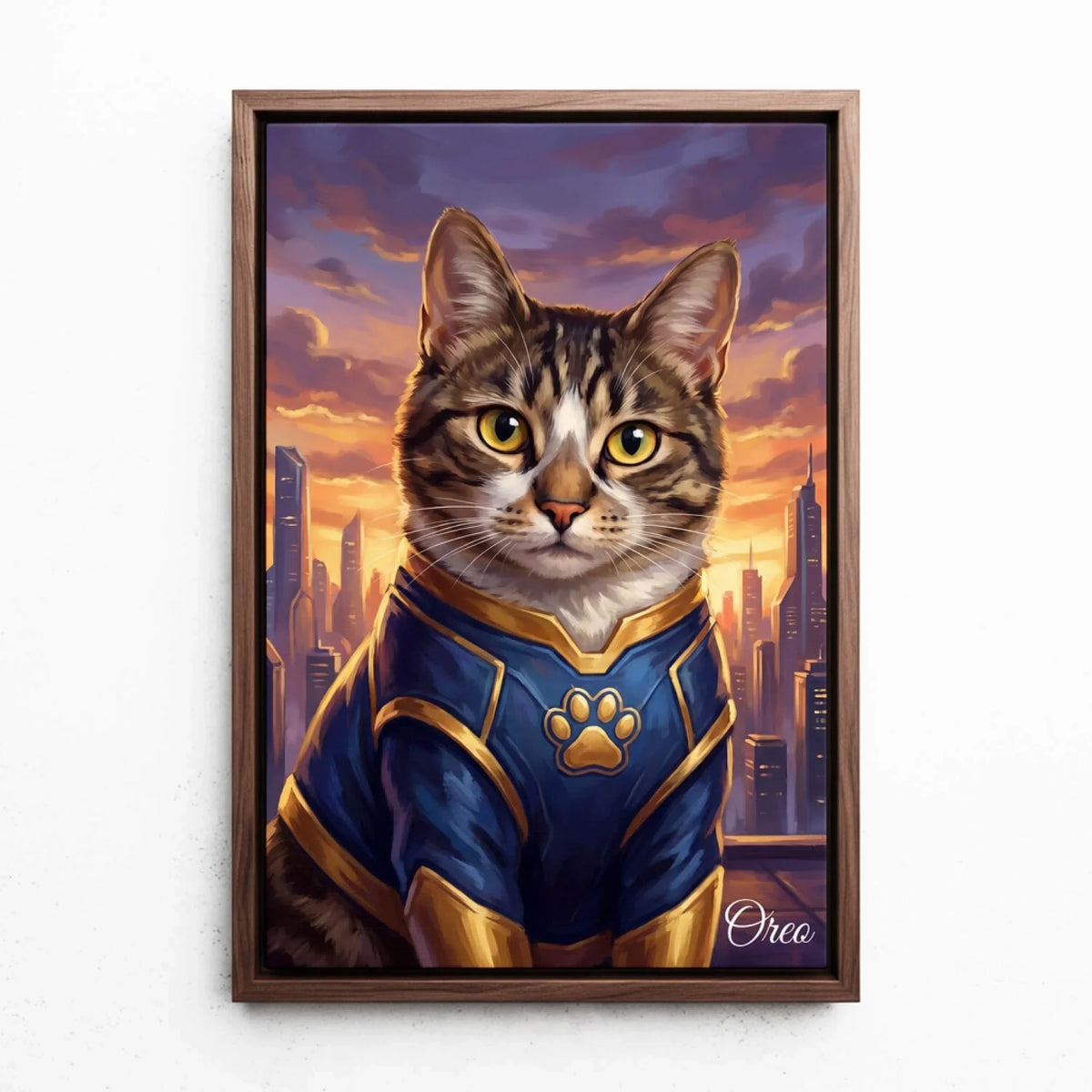 Ritratto di gatto come supereroe dalla tua foto - tela con cornice noce