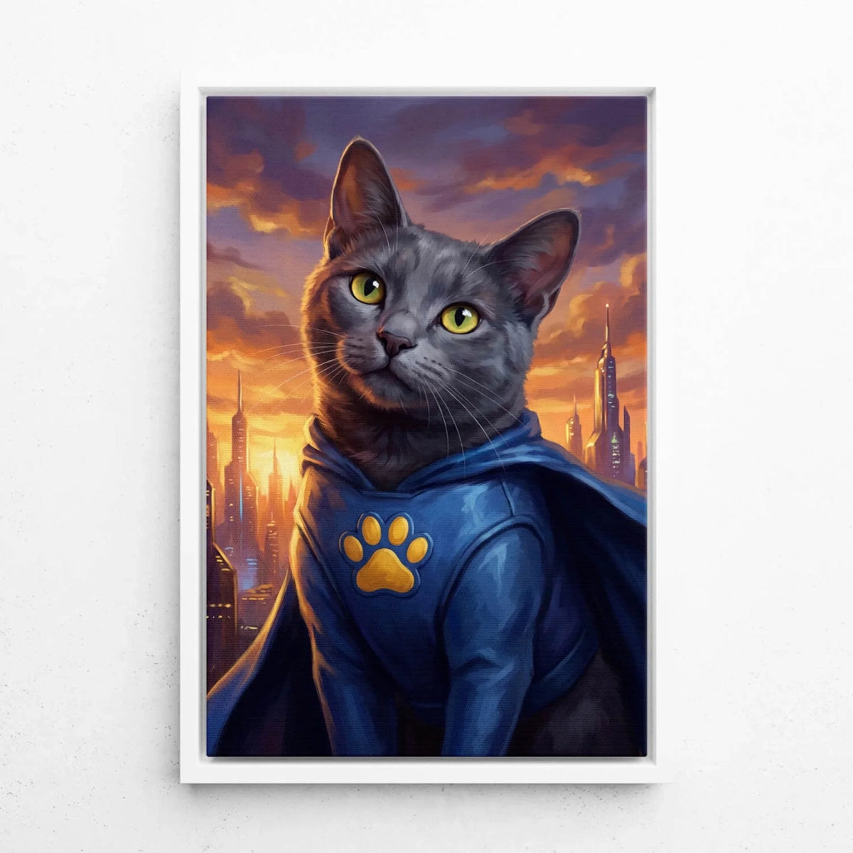 Ritratto di gatto come supereroe dalla tua foto - tela con cornice bianca