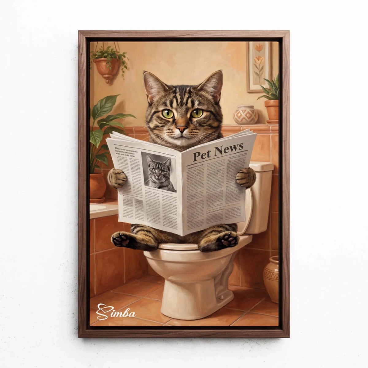 Divertente ritratto di gatto sul WC dalla tua foto - tela con cornice noce