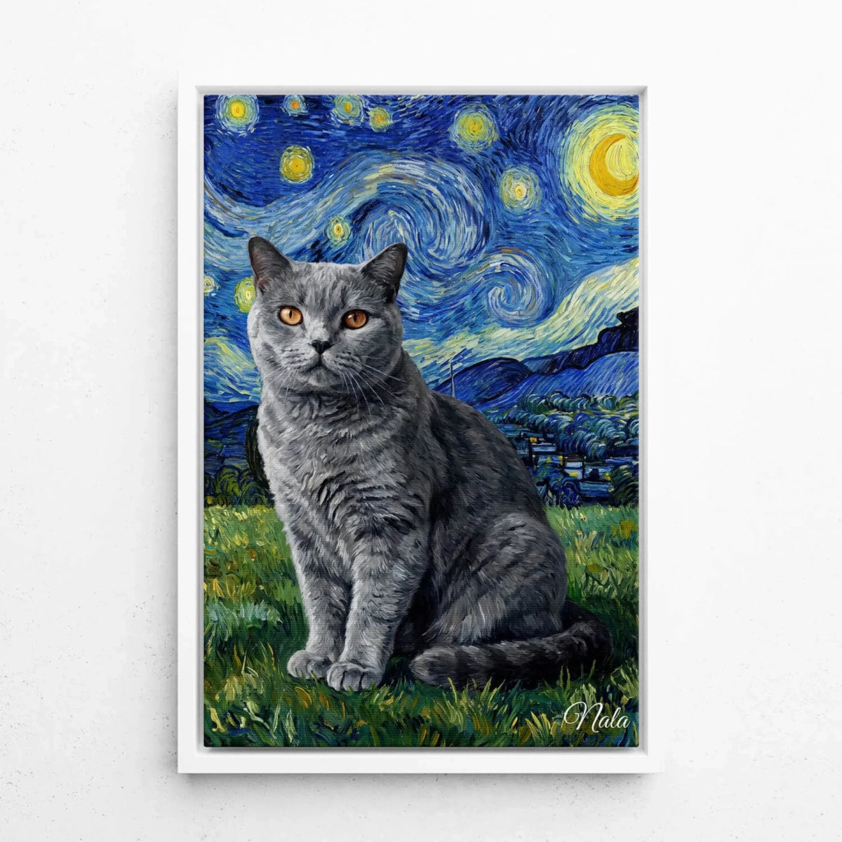 Ritratto di gatto in stile Van Gogh dalla tua foto - tela con cornice bianca