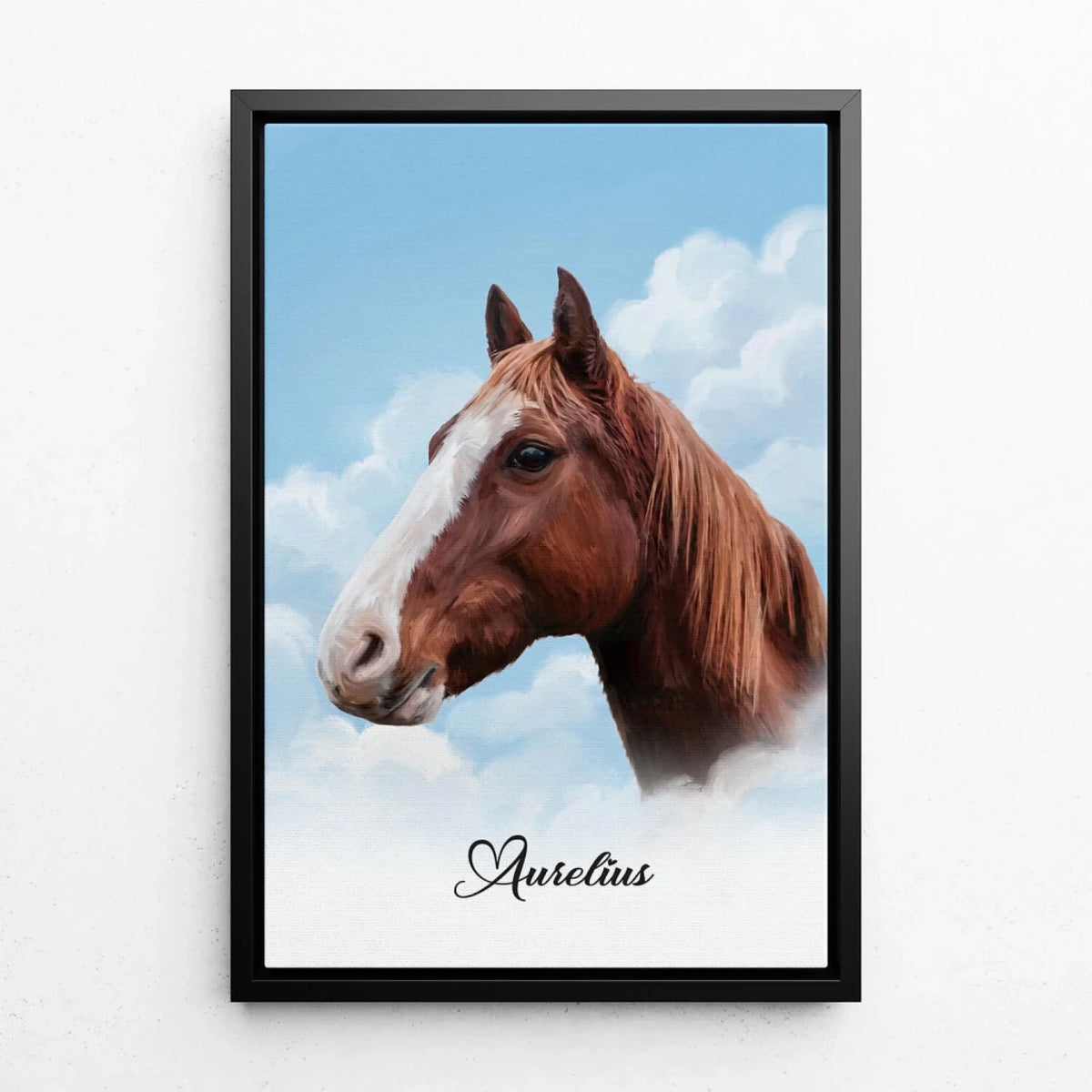Ritratto di cavallo personalizzato sulle nuvole dalla tua foto - tela con cornice nera