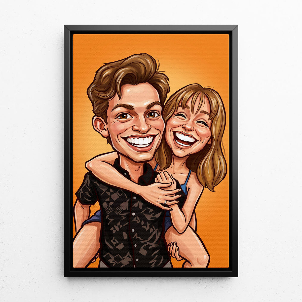 Ritratto di coppia e famiglia in stile caricatura dalla tua foto - tela con cornice nera