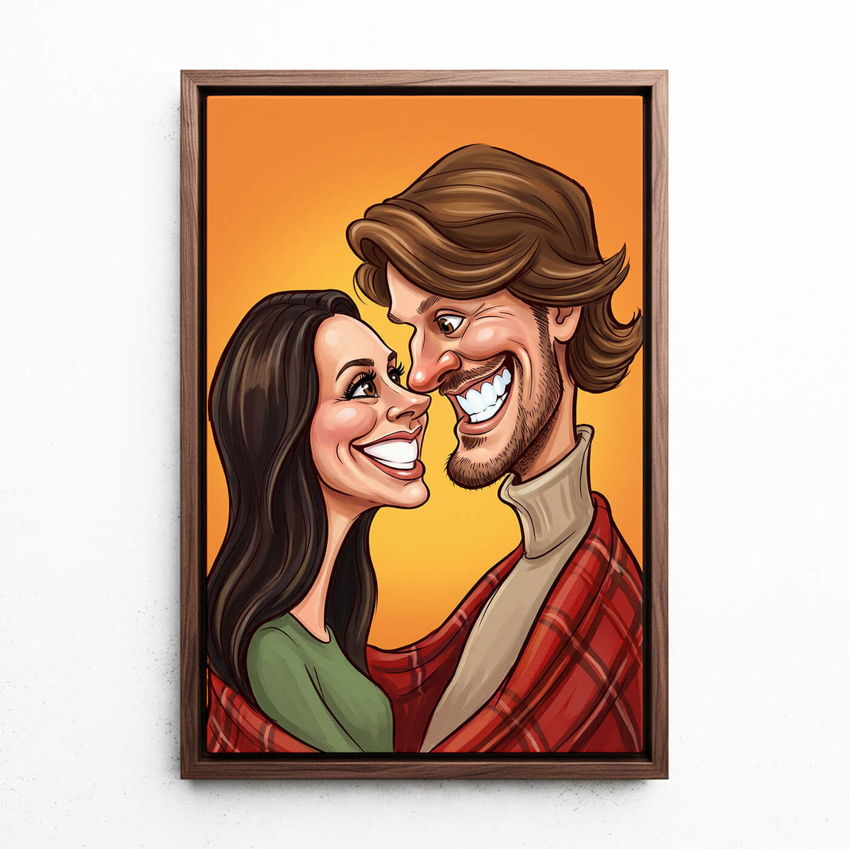 Ritratto di coppia e famiglia in stile caricatura dalla tua foto - tela con cornice noce