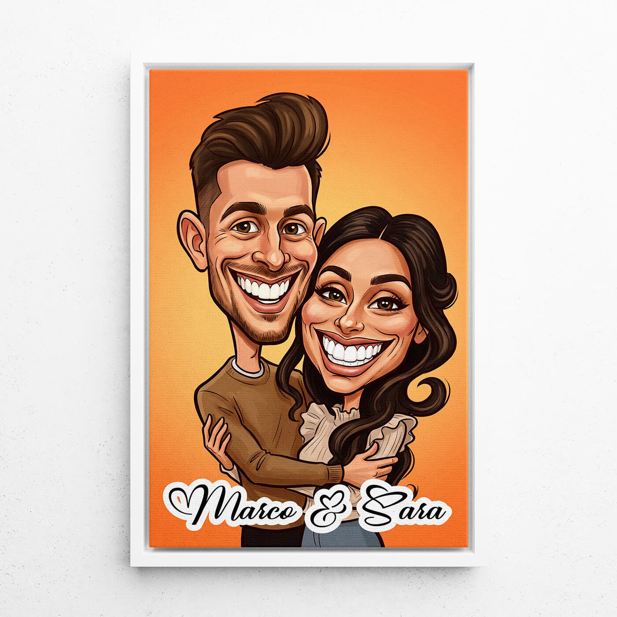 Ritratto di coppia e famiglia in stile caricatura dalla tua foto - tela con cornice bianca