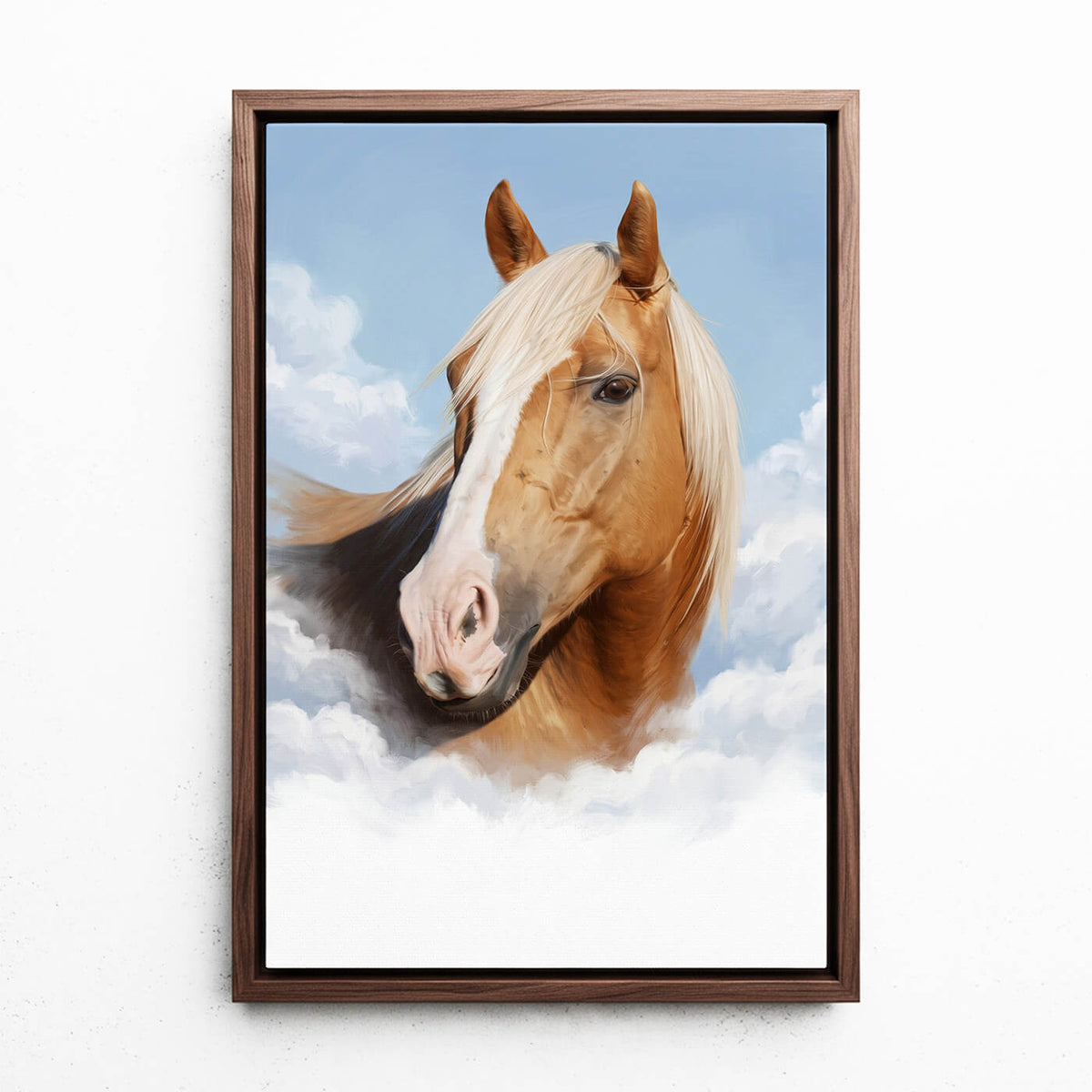 Ritratto di cavallo personalizzato sulle nuvole dalla tua foto - tela con cornice noce