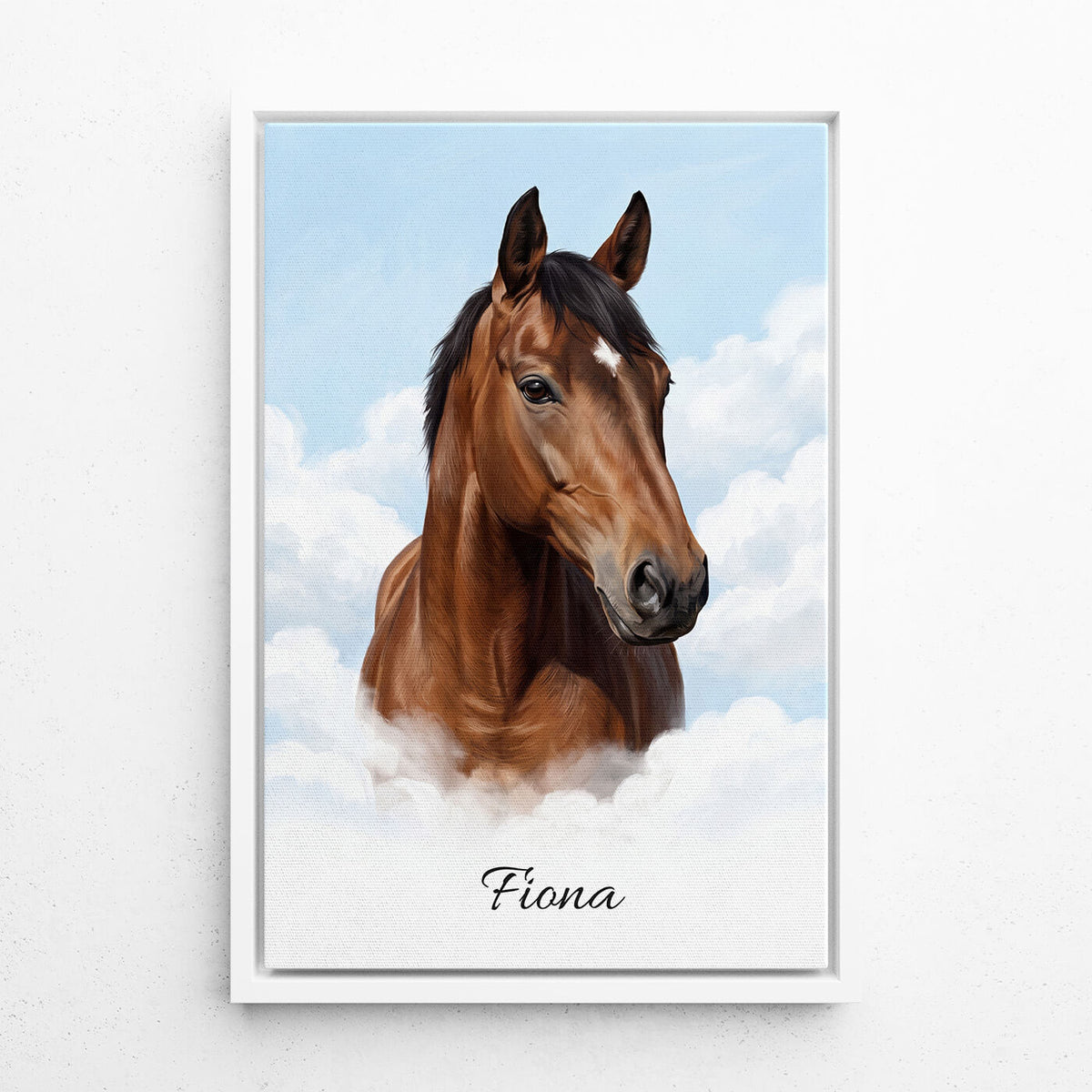 Ritratto di cavallo personalizzato sulle nuvole dalla tua foto - tela con cornice bianca
