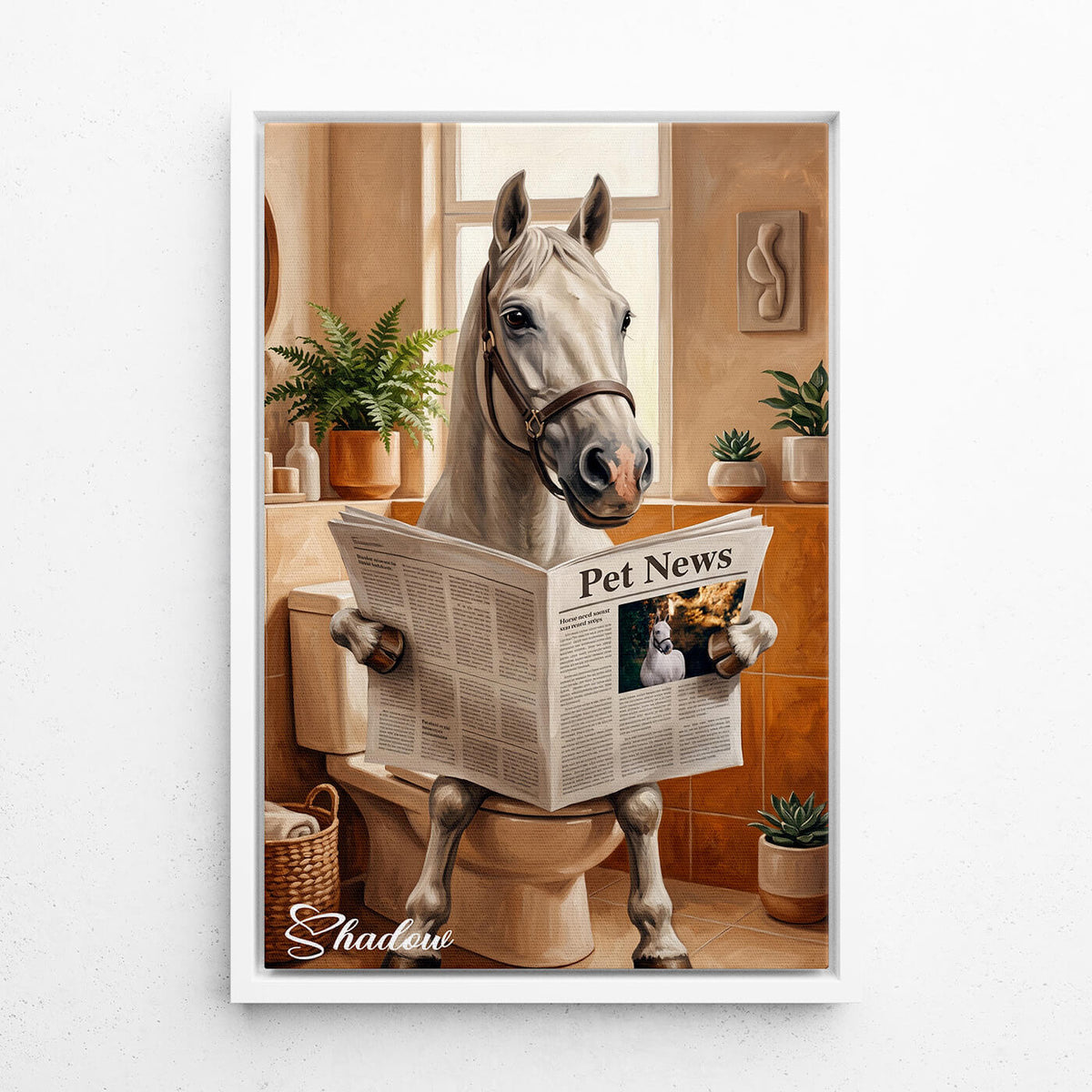 Divertente ritratto di cavallo sul WC dalla tua foto - tela con cornice bianca