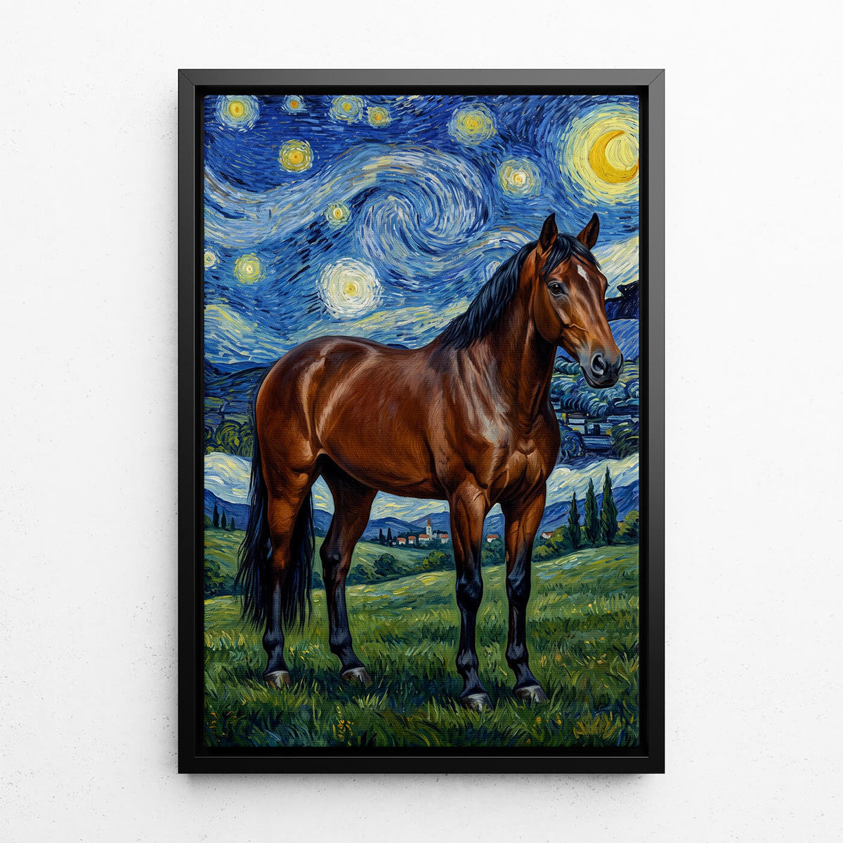 Ritratto di cavallo in stile Van Gogh dalla tua foto - tela con cornice nera