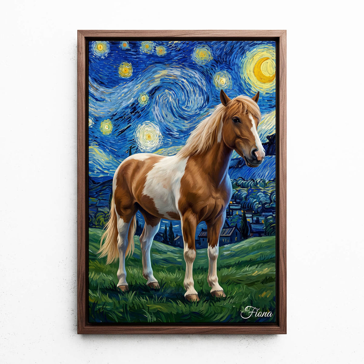 Ritratto di cavallo in stile Van Gogh dalla tua foto - tela con cornice noce